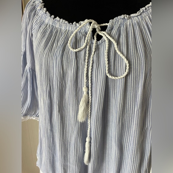 American Eagle coastal boho striped top with lace and tassel ties M blue - Picture 6 of 8